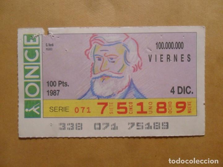 Cupones ONCE: CUPON O.N.C.E. - N&ordm; 75189 - VIERNES 4 DICIEMBRE 1987 - MUSICO. GIUSEPPE VERDI