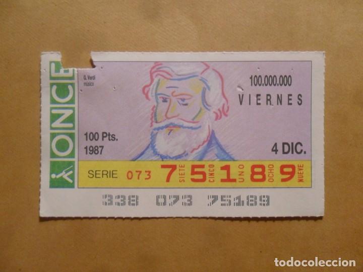 Cupones ONCE: CUPON O.N.C.E. - N&ordm; 75189 - VIERNES 4 DICIEMBRE 1987 - MUSICO. GIUSEPPE VERDI