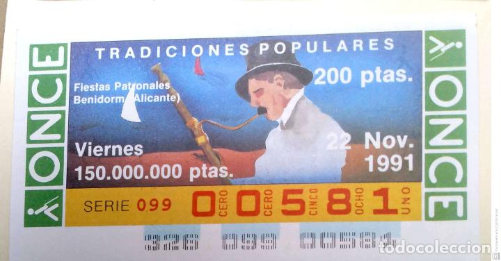 Cupones ONCE: Espa&ntilde;a. ONCE. 1991. Tradiciones Populares: Fiestas patronales Benidorm (Alicante). M&uacute;sica. Fecha: 22