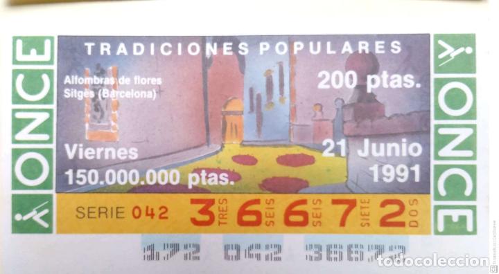 Cupones ONCE: Espa&ntilde;a. ONCE. 1991. Tradiciones Populares: Alfombras de flores. Sitges (Barcelona). Fecha: 21 Jun