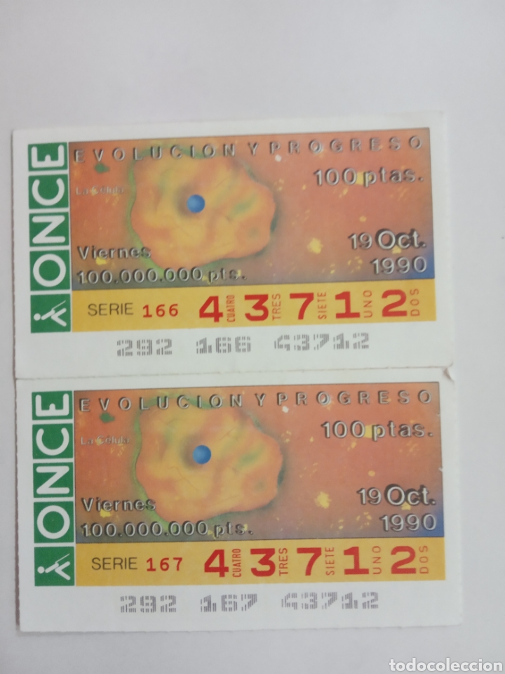 Cupones ONCE: DOS CUPONES ONCE 19 DE OCTUBRE DE 1990 EVOLUCI&Oacute;N Y PROGRESO LA C&Eacute;LULA - Foto 1