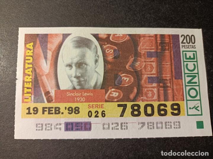 Cupones ONCE: C. Once. Premios Nobel. N. Literatura 1930. Sinclair Lewis . 19 de Febrero de 1998. N&ordm; 78069.
