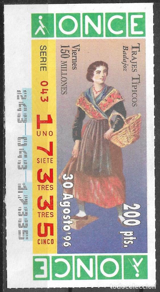 Cupones ONCE: ONCE,TRAJES TIPICOS,BADAJOZ,30/08/1996. - Foto 1