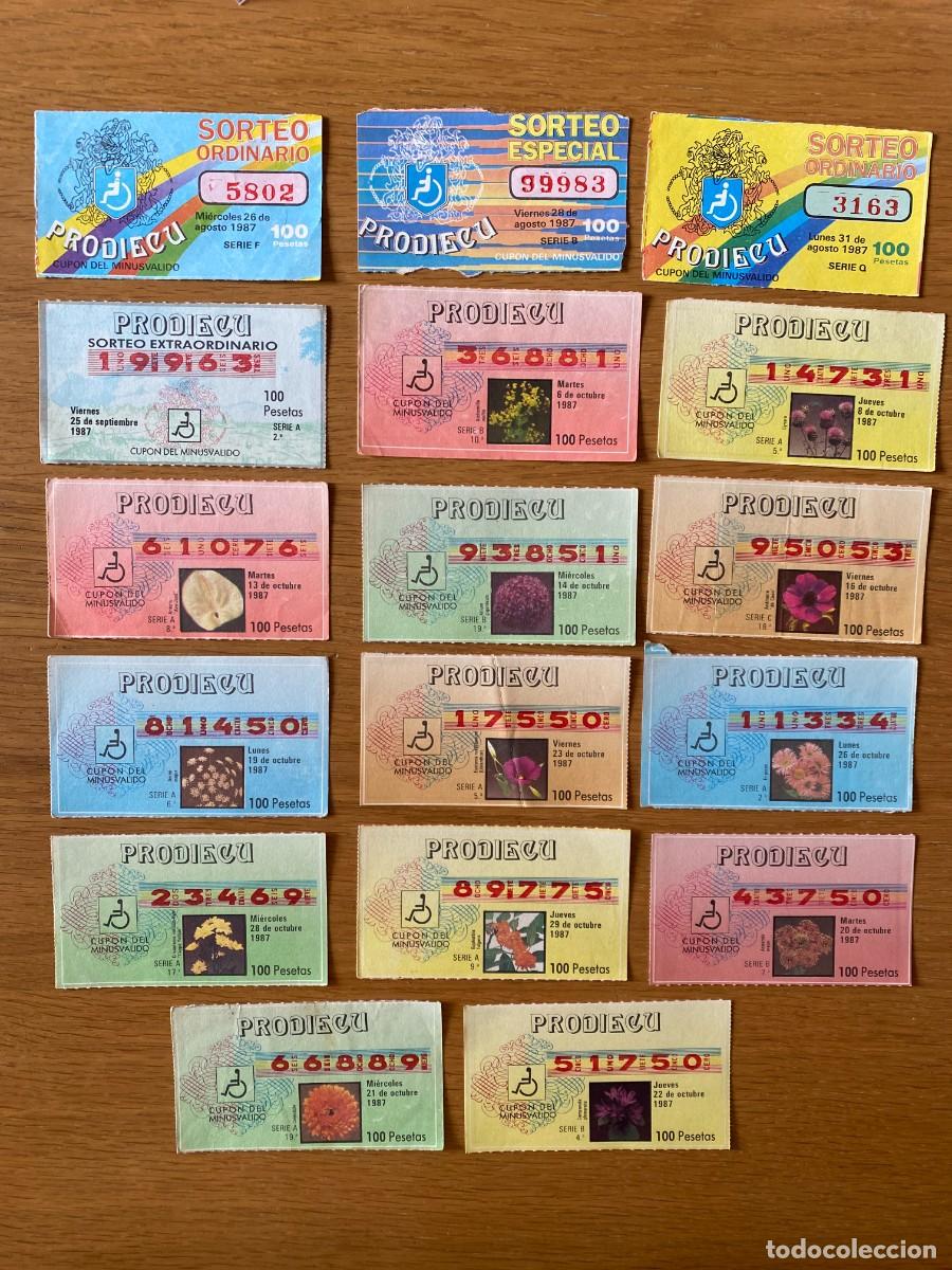 Cupones ONCE: Lote 17 cupones minusv&aacute;lidos PRODIECU 1987 (similar cup&oacute;n ONCE)