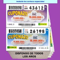Cupones ONCE: 2021 - CUPONES DE LA ONCE / AÑO COMPLETO INCLUIDO LOS SORTEOS ESPECIALES / BUENA CALIDAD. Lote 366730546