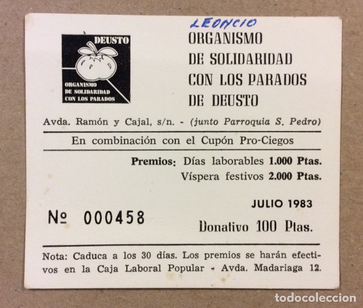 ONCE Coupons: ORGANISMO DE SOLIDARIDAD CON LOS PARADOS DE DEUSTO (BILBAO). CUP&Oacute;N DEL A&Ntilde;O 1983.