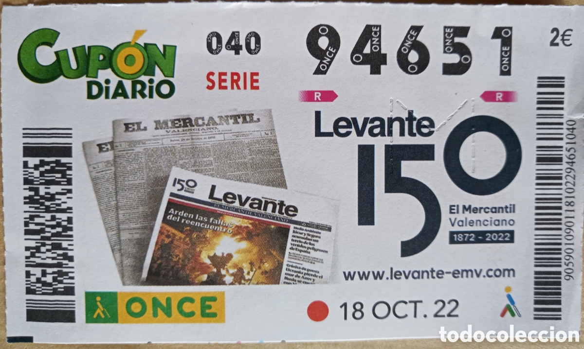 Billets ONCE: CUP&Oacute;N ONCE. 150 ANIVERSARIO PERIODICO LEVANTE. EL MERCANTIL VALENCIANO