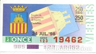 Cupones ONCE: Cup&oacute;n Once de 24-07-98. Escudo Castell&oacute;n. 8-980724