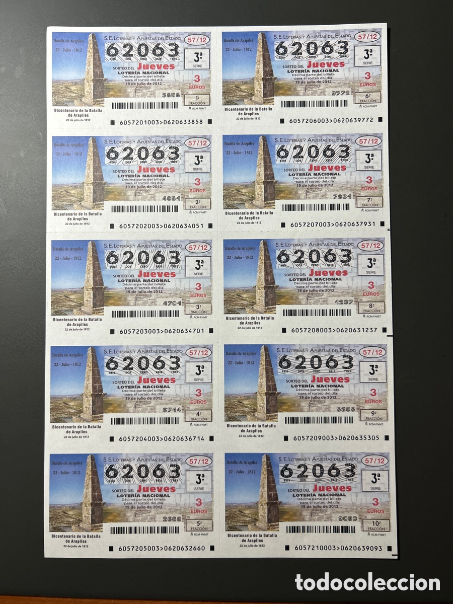 Cupones ONCE: Loteria A&ntilde;o 2012 Sorteo 57 Billete completo - Foto 1