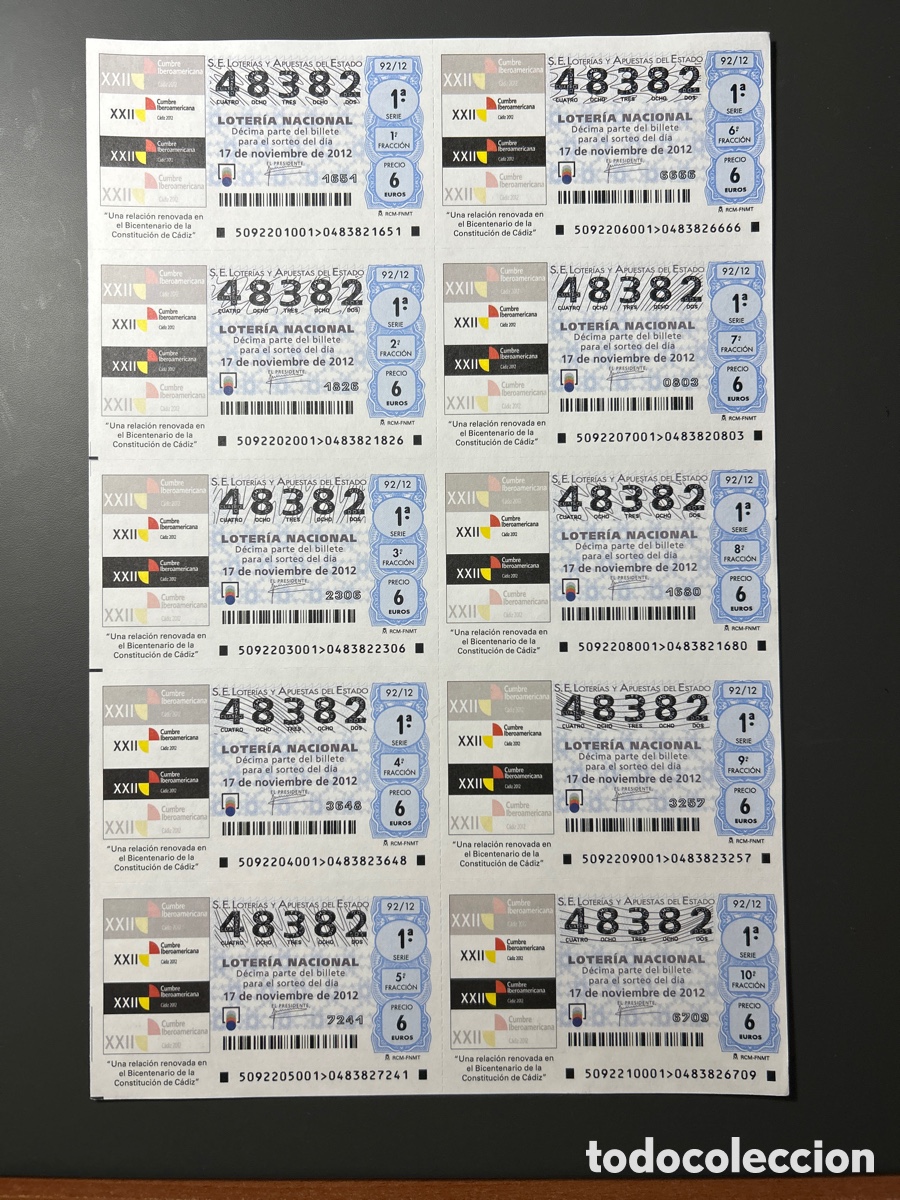 Cupones ONCE: Loteria A&ntilde;o 2012 Sorteo 92 Billete completo - Foto 1