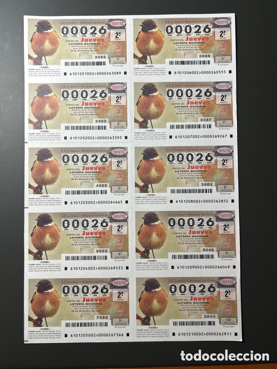 Cupones ONCE: Loteria A&ntilde;o 2012 Sorteo 101 Billete completo - Foto 1