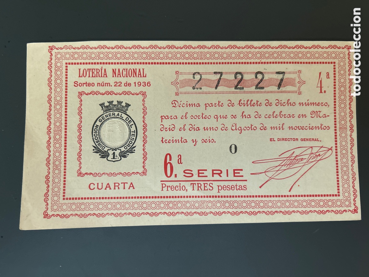 Cupones ONCE: Loteria A&ntilde;o 1936 Sorteo 22 - Foto 1