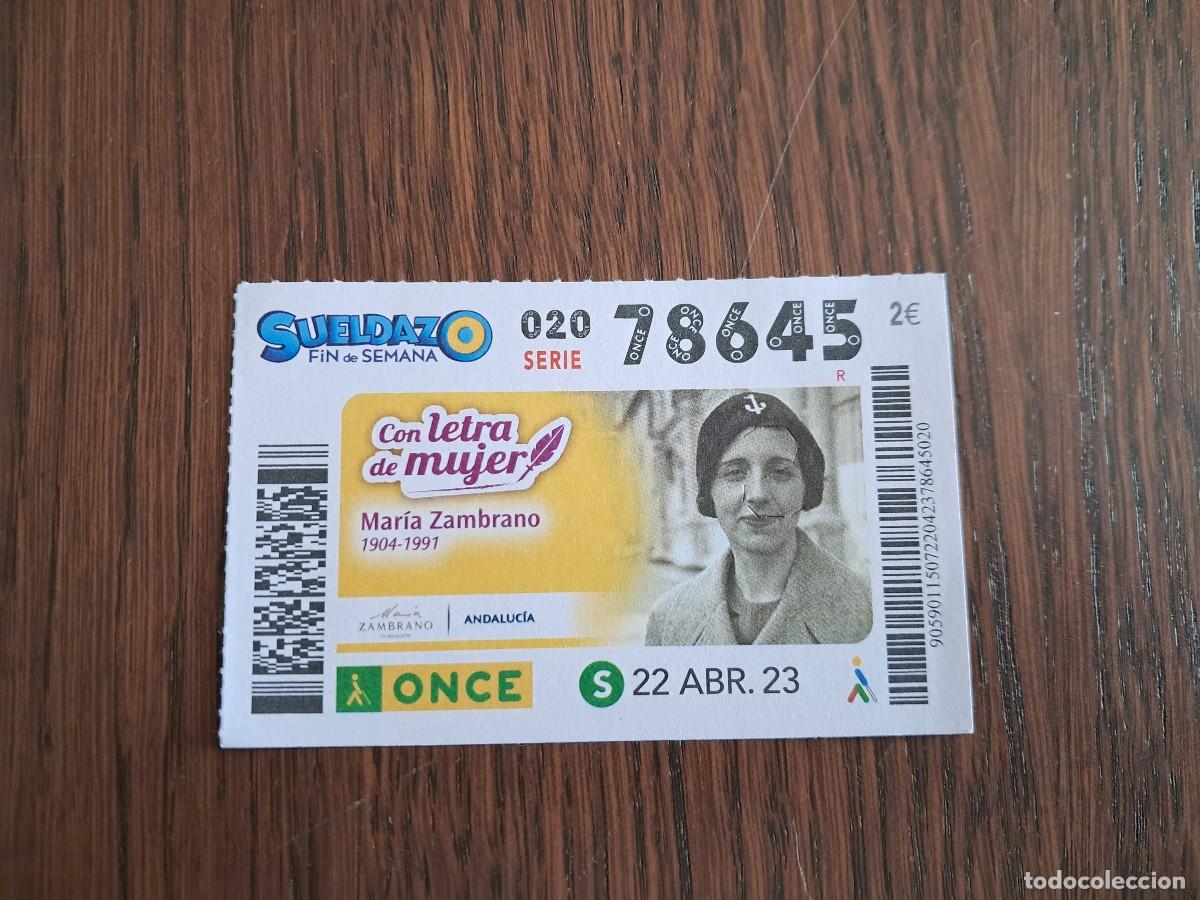 Cupones ONCE: cup&oacute;n once 22-04-23, Mar&iacute;a Zambrano, con letra de mujer, Andaluc&iacute;a.