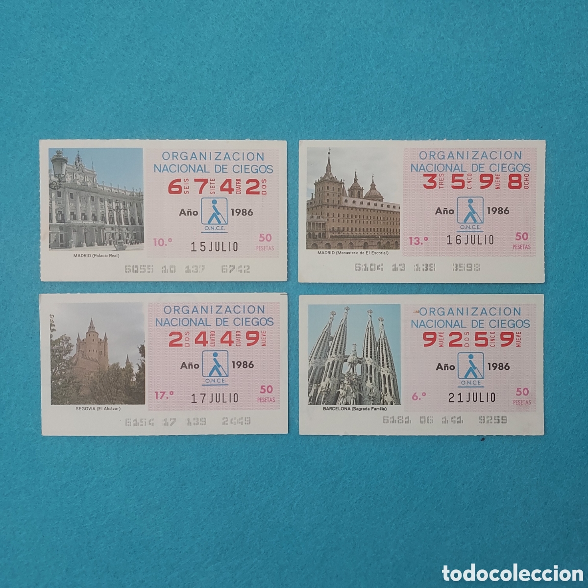 Cupones ONCE: 4 CUPONES DE LA ONCE (EDIFICIOS) A&Ntilde;O 1986 MES JULIO LOS DE LA FOTO - Foto 1
