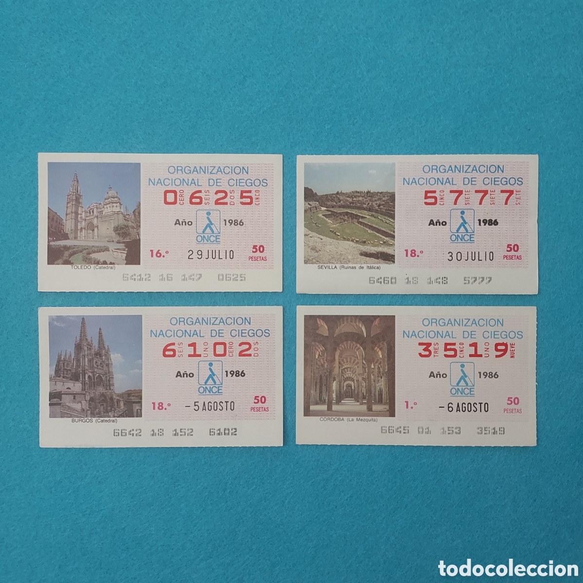 Cupones ONCE: 4 CUPONES DE LA ONCE (EDIFICIOS) A&Ntilde;O 1986 MES JULIO Y AGOSTO LOS DE LA FOTO - Foto 1