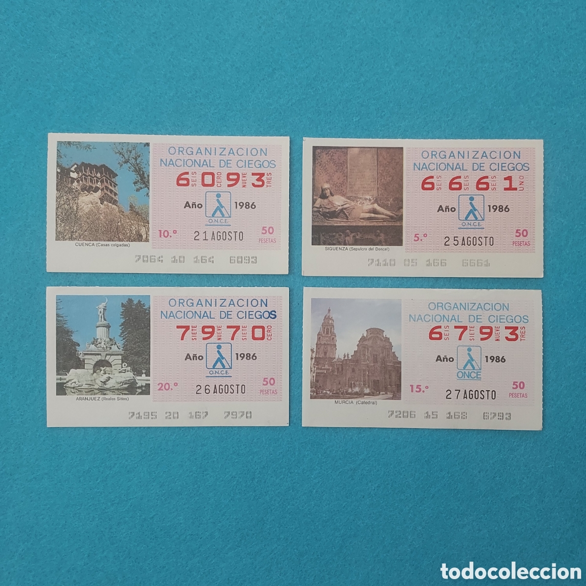 Cupones ONCE: 4 CUPONES DE LA ONCE (EDIFICIOS) A&Ntilde;O 1986 MES AGOSTO LOS DE LA FOTO - Foto 1