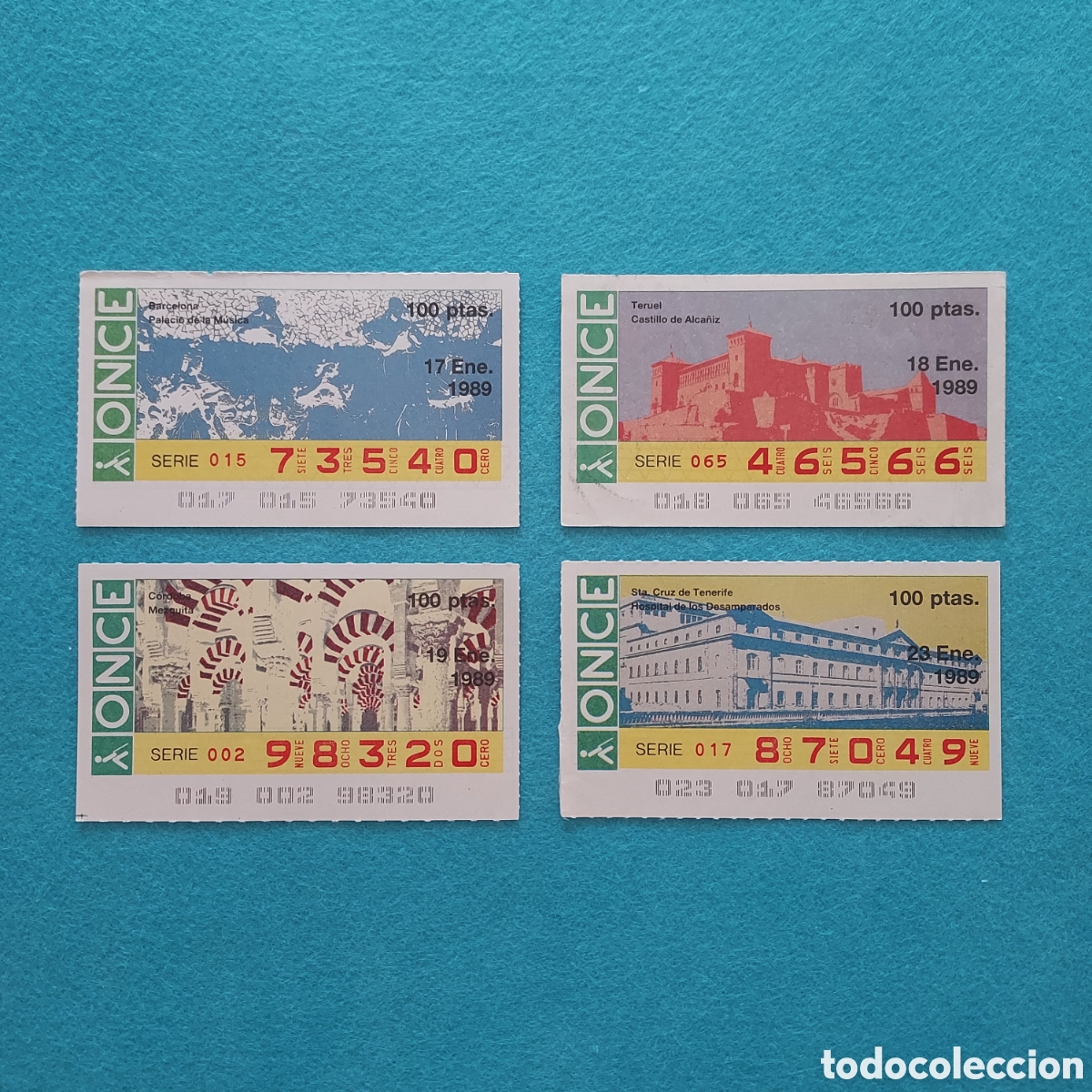 Cupones ONCE: 4 CUPONES ONCE (EDIFICIOS) A&Ntilde;O 1989 MES ENERO LOS DE LA FOTO - Foto 1