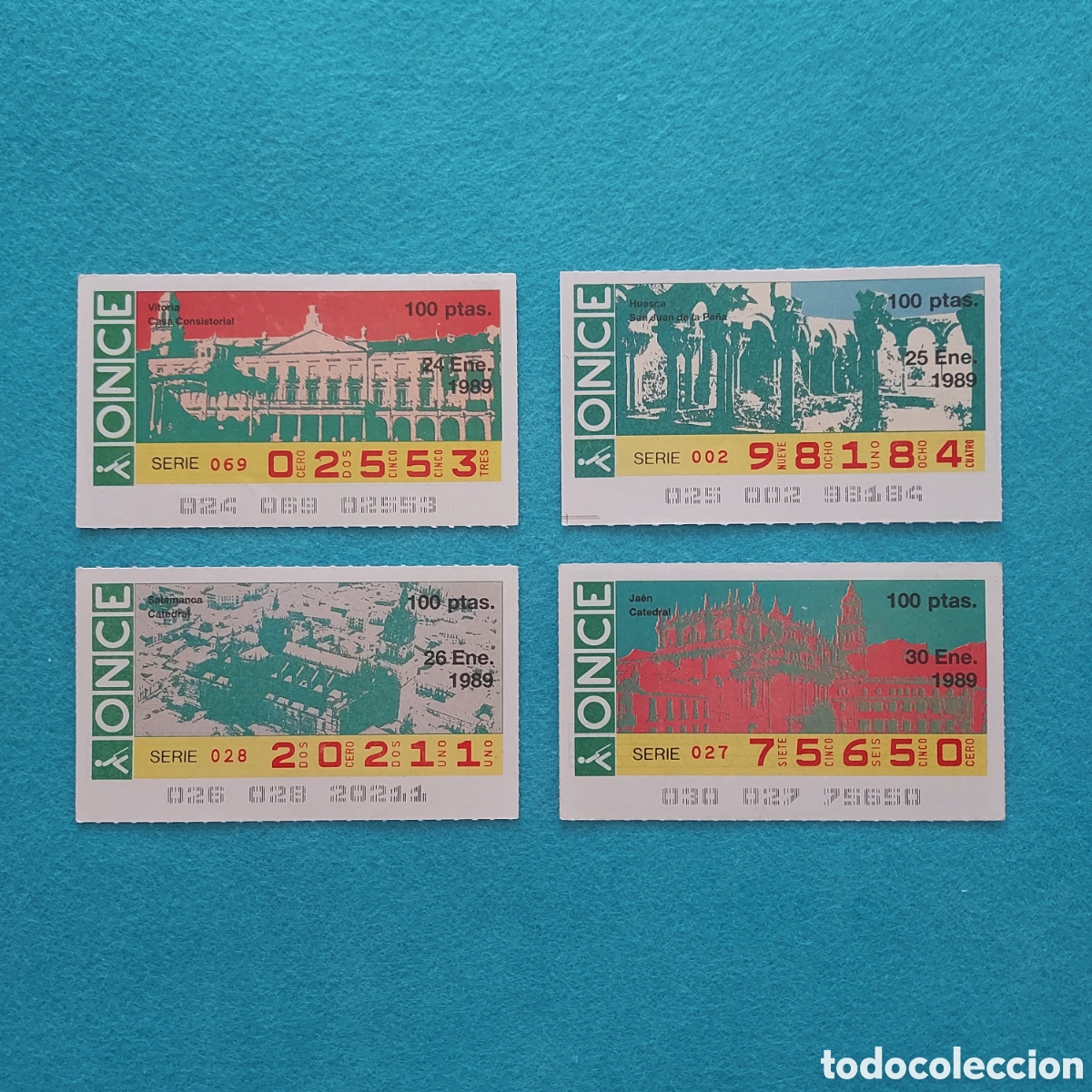 Cupones ONCE: 4 CUPONES ONCE (EDIFICIOS) A&Ntilde;O 1989 MES ENERO LOS DE LA FOTO - Foto 1