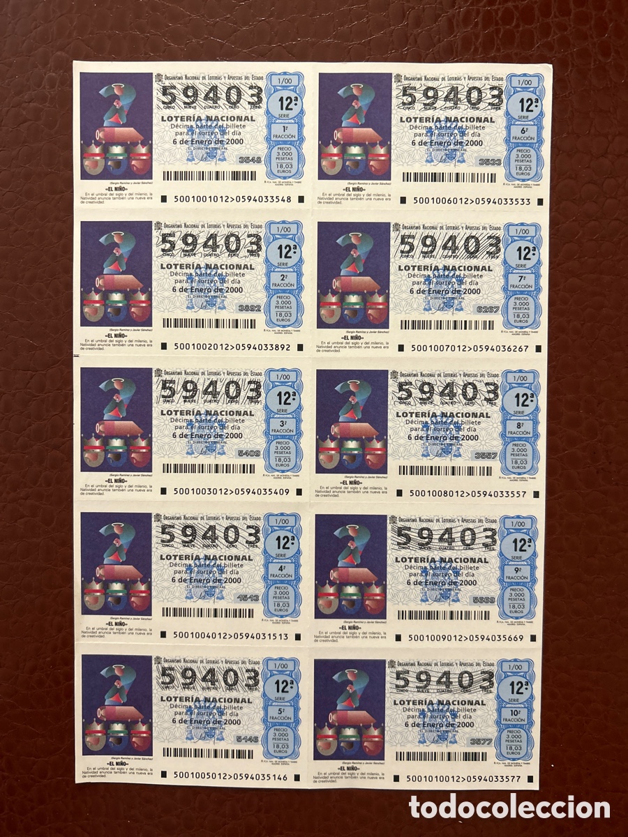 Cupones ONCE: Loteria A&ntilde;o 2000 Sorteo 1 Billete completo - Foto 1
