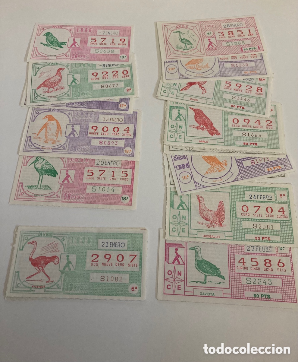 Cupones ONCE: Cupones Once. Tema: Aves. 1986. 32 cupones - Foto 1