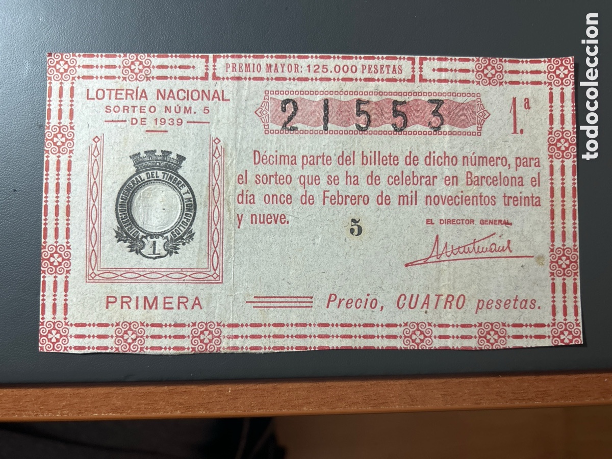 Cupones ONCE: Loteria A&ntilde;o 1939 Sorteo 5 - Foto 1