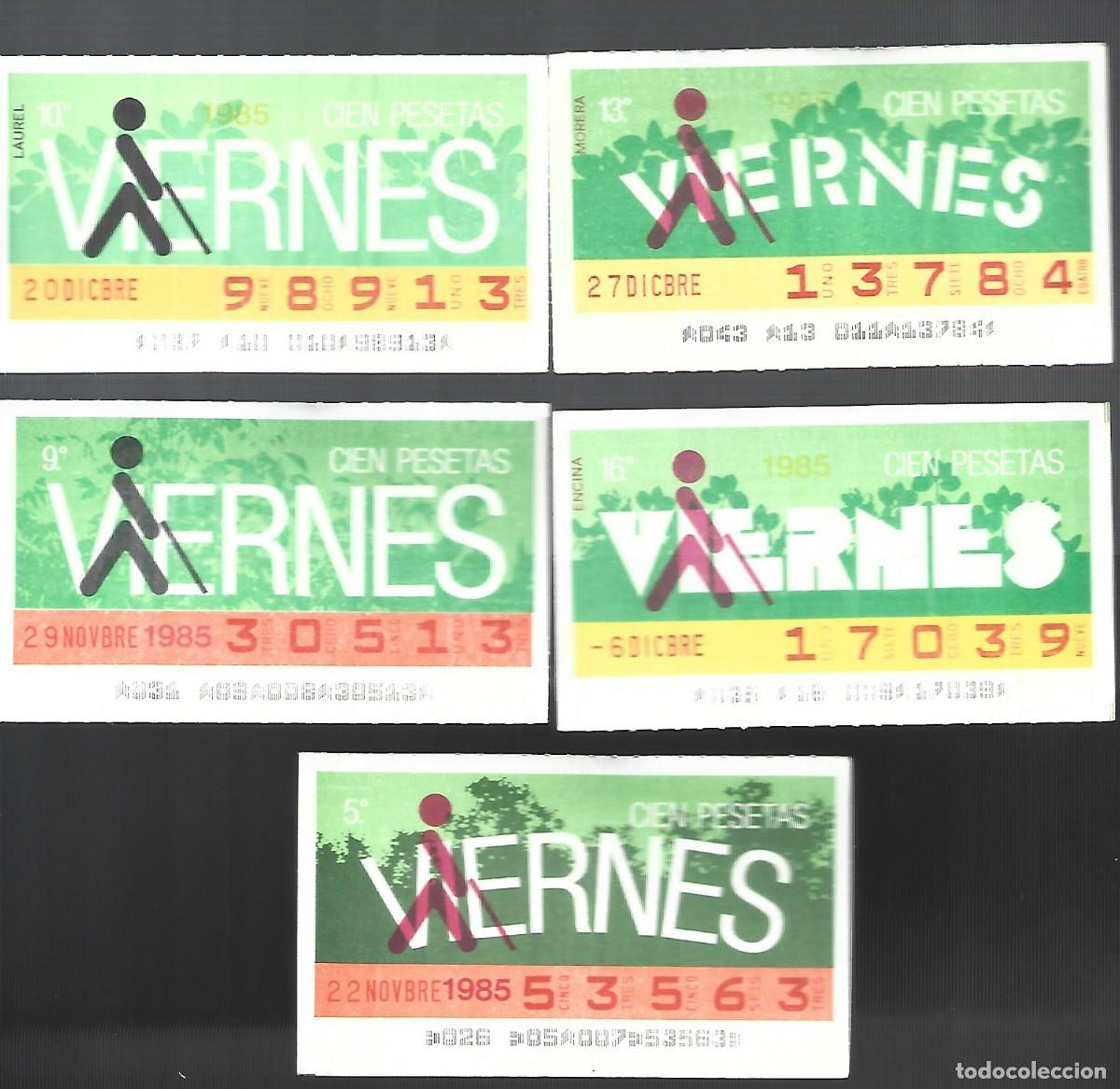 Cupones ONCE: 1 LOTE DE 5 CUPONES DE LA ONCE VIERNES DEL A&Ntilde;O 1985 TODOS DIFERENTES