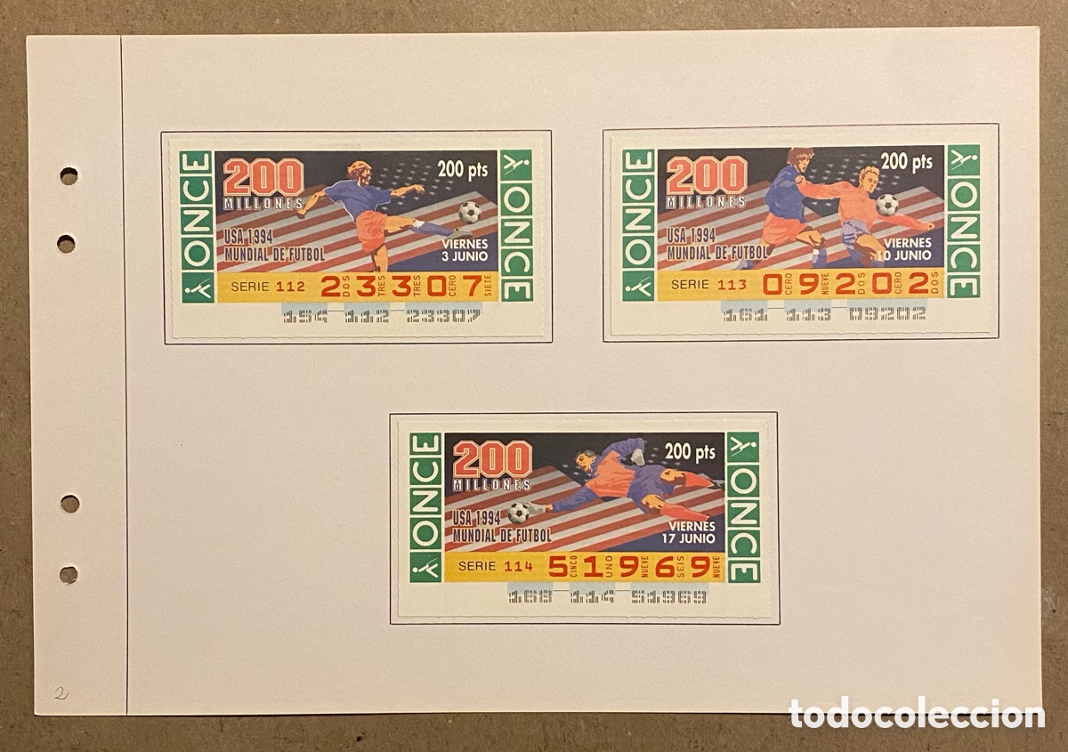 Billets ONCE: COLECCI&Oacute;N CUPONES SORTEO ONCE, TEM&Aacute;TICA &ldquo;MUNDIAL DE F&Uacute;TBOL USA &lsquo;94&rdquo; DE 1994. 3 CUPONES