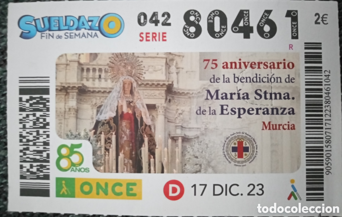 Cupones ONCE: CUPON ONCE. MAR&Iacute;A SANT&Iacute;SIMA DE LA ESPERANZA. MURCIA - Foto 1