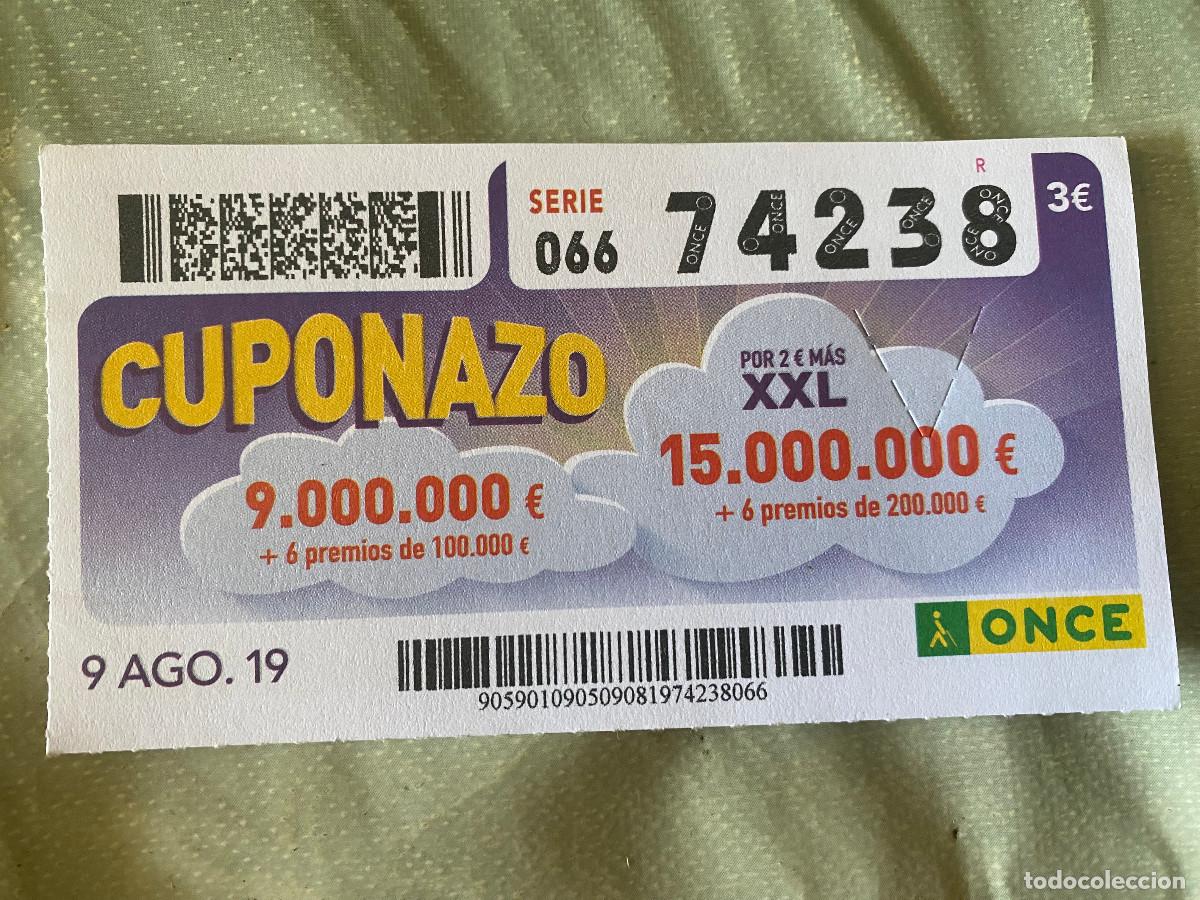 Cupones ONCE: Cup&oacute;n de la Once. 09 de Agosto de 2019. N&ordm; 74238. Cuponazo Viernes. Buen estado.