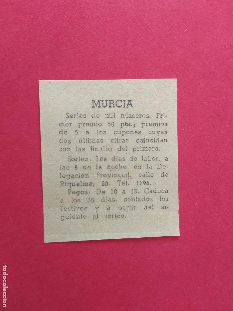 Cupones ONCE: CUPON DE LA ONCE MURCIA A&Ntilde;O 1954 , 7 DE ENERO - Foto 2