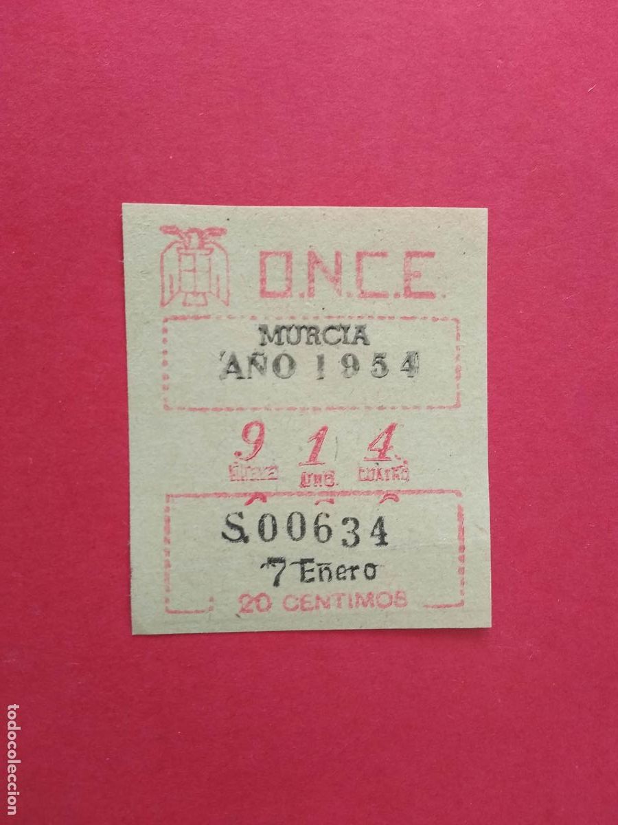 Cupones ONCE: CUPON DE LA ONCE MURCIA A&Ntilde;O 1954 , 7 DE ENERO - Foto 1