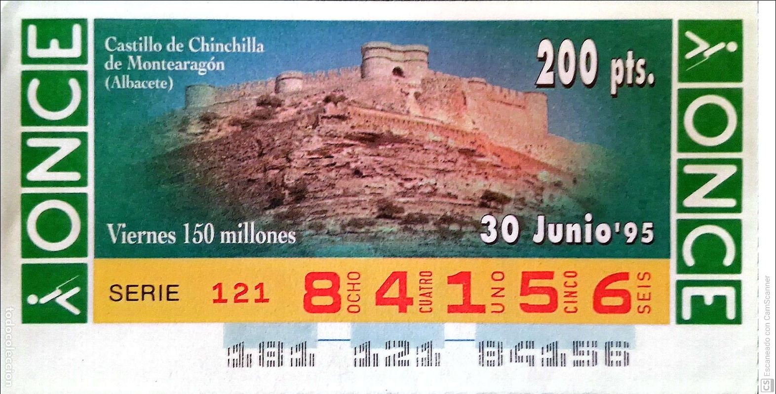 ONCE Coupons: Espa&ntilde;a. ONCE. 1995. Castillos: Chinchilla de Montearag&oacute;n (Albacete). Fecha: 30 Junio .