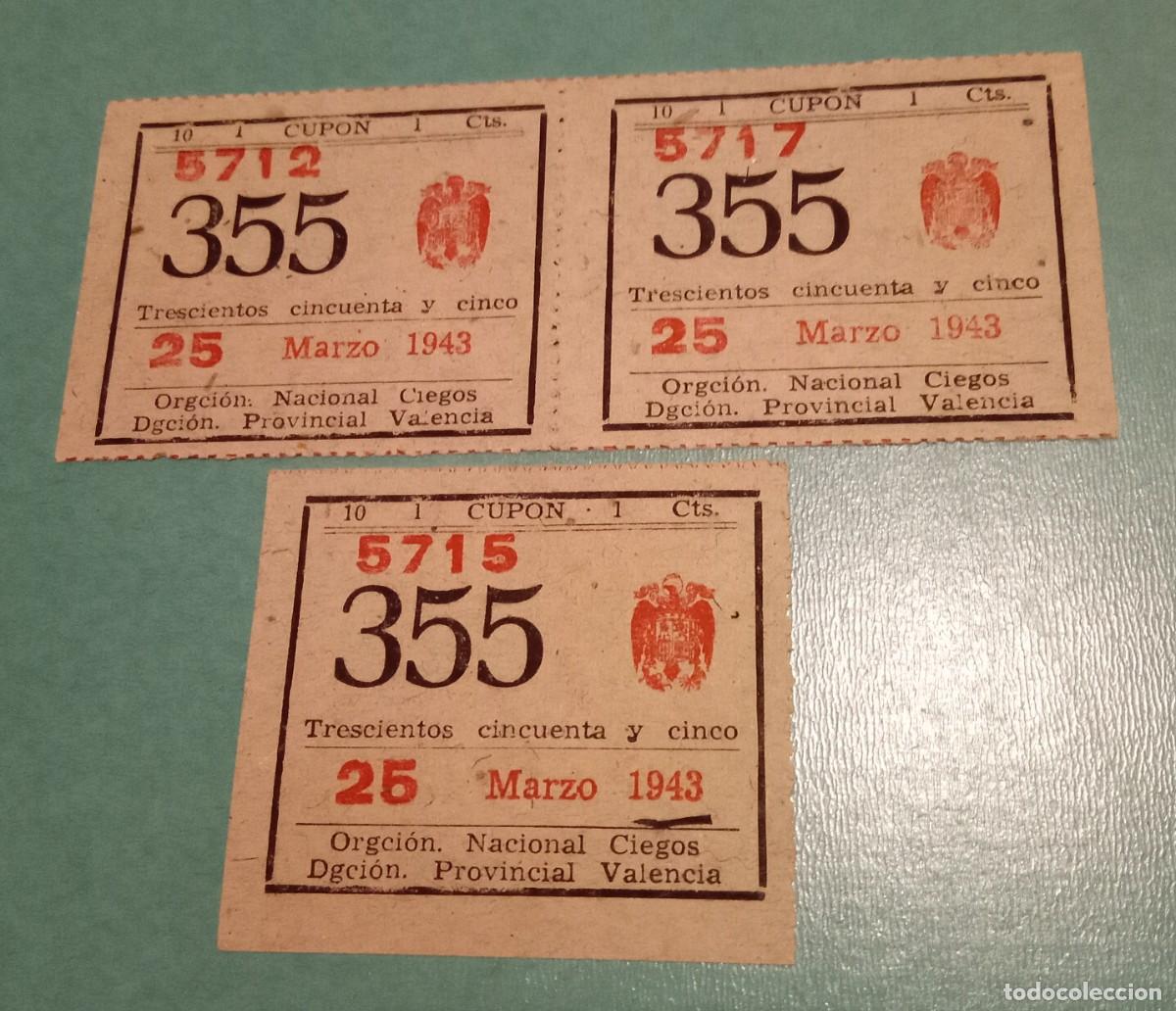 Cupones ONCE: 3 CUPONE DE LA ONCE ANTIGUOS A&Ntilde;O 1943 - Foto 1