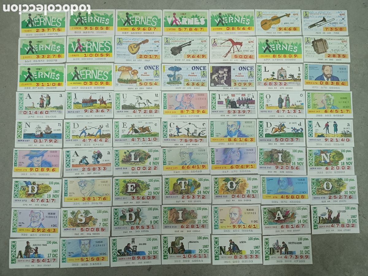 Cupones ONCE: 62 CUPONES DE LA ONCE DE 1987 - SORTEOS DIFERENTES - Foto 1