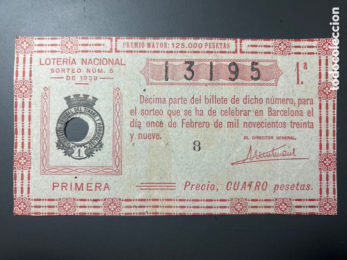 Cupones ONCE: Loteria A&ntilde;o 1939 Sorteo 5 - Foto 1