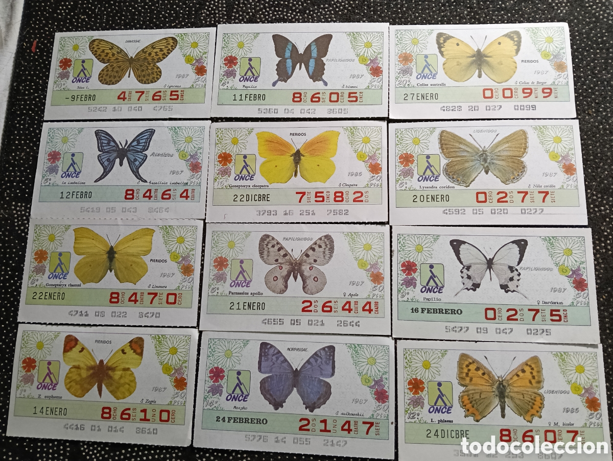 Cupones ONCE: 12 Cup&oacute;nes 1987 ONCE Tem&aacute;tico Mariposas - Foto 1