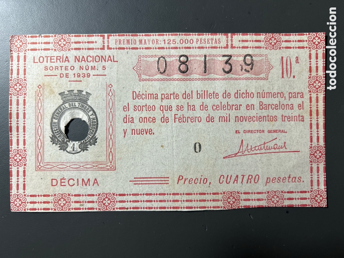 Cupones ONCE: Loteria A&ntilde;o 1939 Sorteo 5 - Foto 1