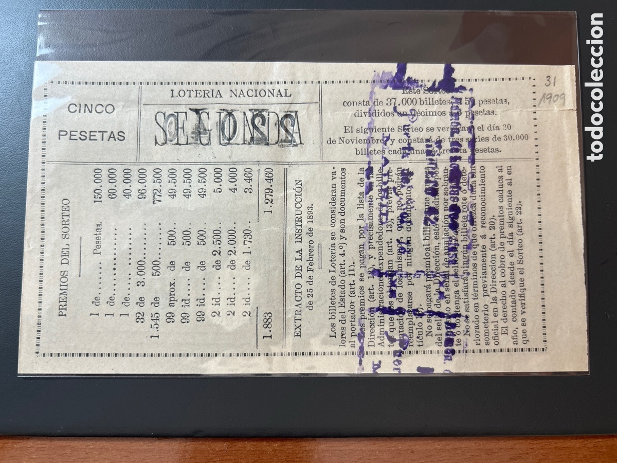 Cupones ONCE: Loteria A&ntilde;o 1909 Sorteo 31 - Foto 2