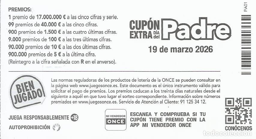 Cupones ONCE: Cup&oacute;n ONCE Extra Padre. 19 marzo 2026. N&ordm; 14035. Serie 059. 6x11 cm. - Foto 2
