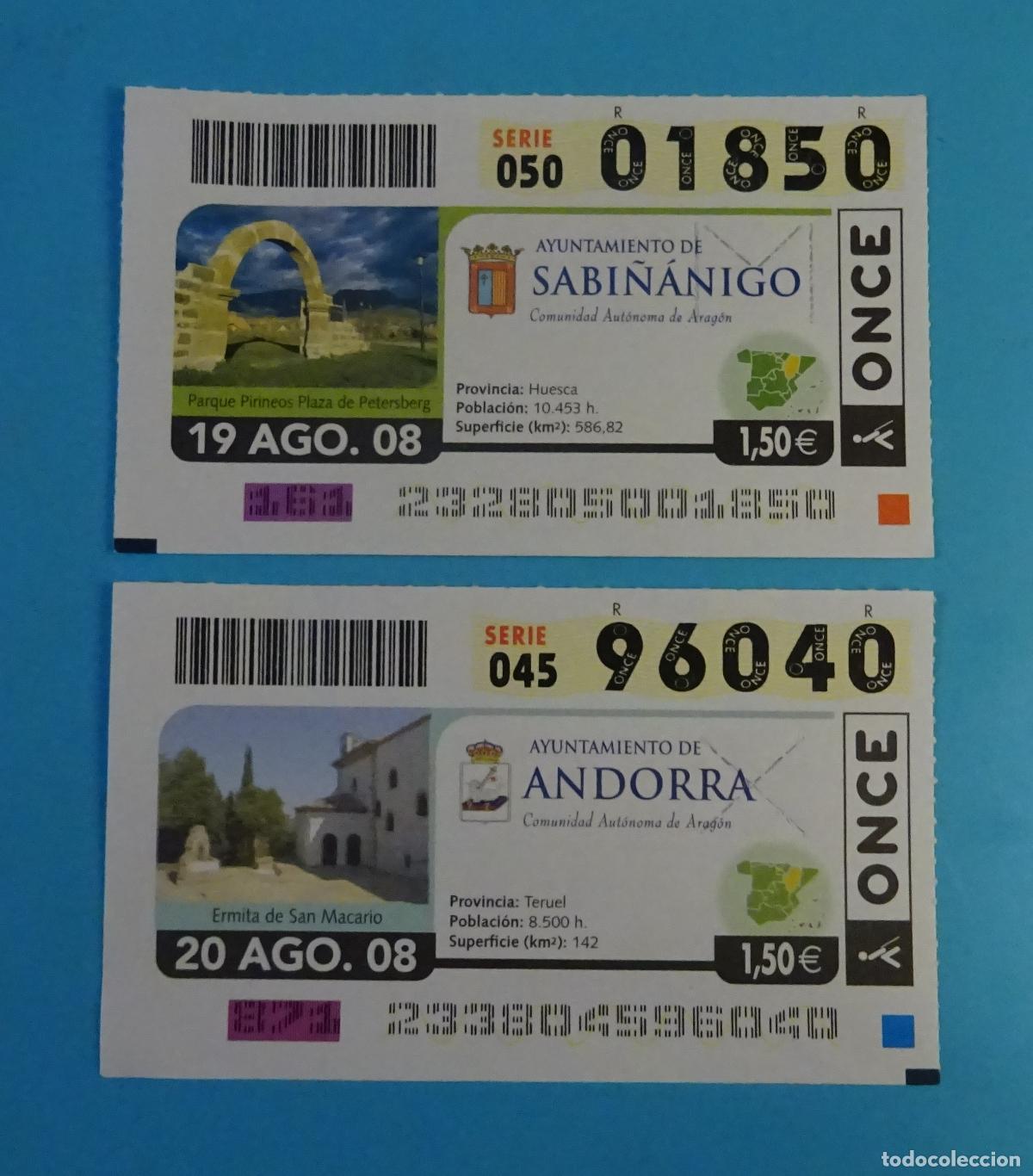 Cupones ONCE: DOS CUPONES ONCE AGOSTO 2008 ARAG&Oacute;N. SABI&Ntilde;&Aacute;NIGO. ANDORRA