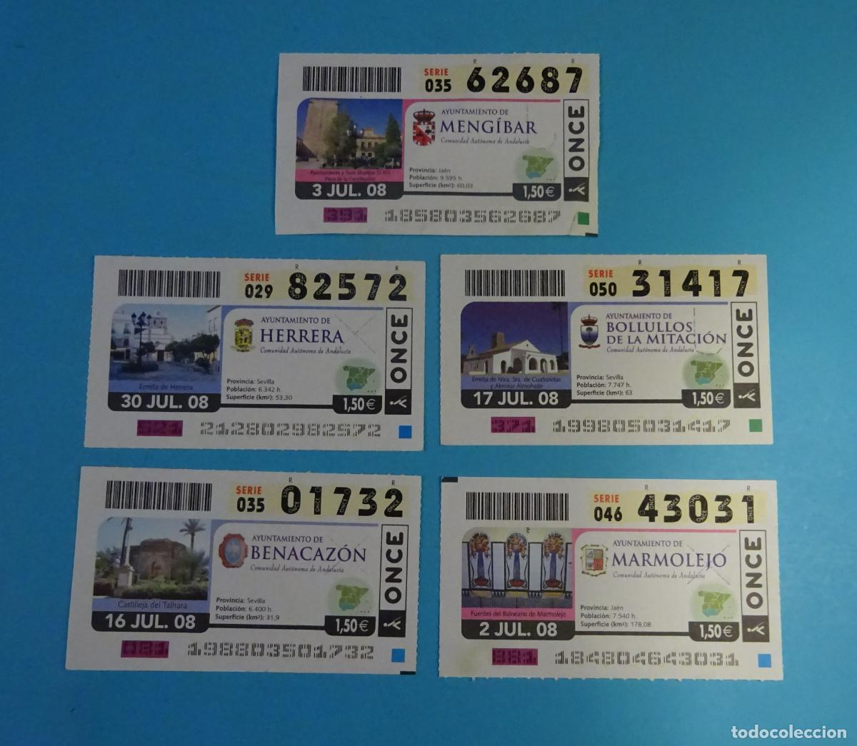 Cupones ONCE: CINCO CUPONES ONCE JULIO 2008 ANDALUC&Iacute;A. HERRERA. MARMOLEJO. BOLLULLOS. BENACAZ&Oacute;N. MENG&Iacute;BAR
