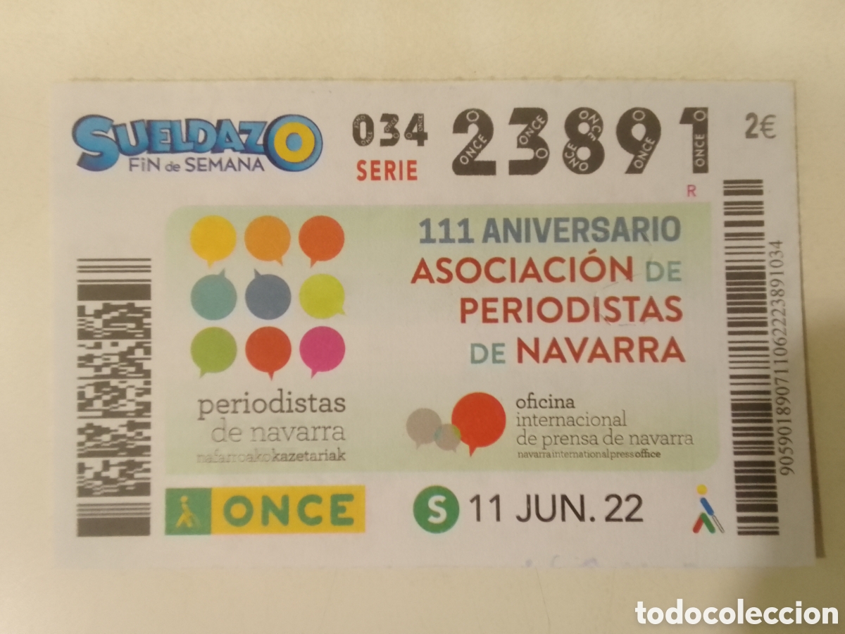 Cupones ONCE: Cup&oacute;n ONCE 11 JUN. 22 111 ANIVERSARIO ASOCIACI&Oacute;N DE PERIODISTAS DE NAVARRA.