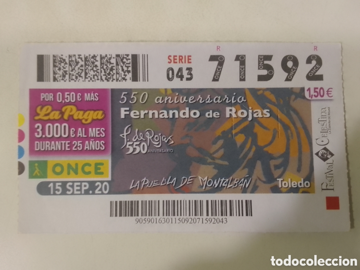 Cupones ONCE: Cup&oacute;n ONCE 15 SEP. 20 550 aniversario Fernando de Rojas.