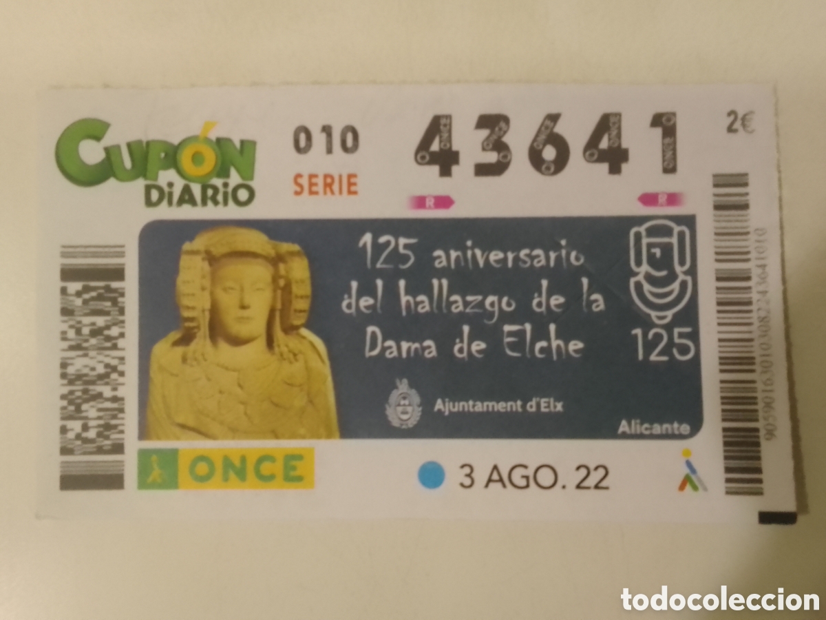 Cupones ONCE: Cup&oacute;n ONCE 3 AGO. 22 125 aniversario del hallazgo de la Dama de Elche.