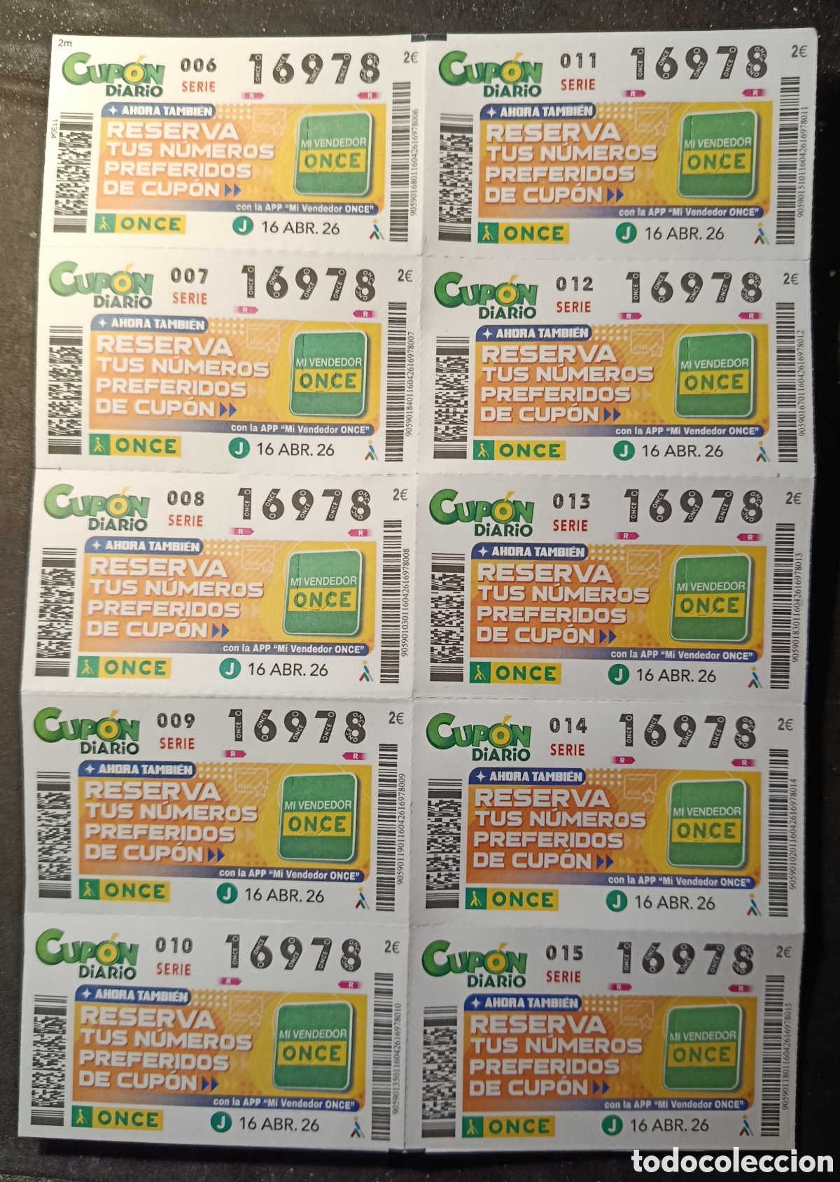 Cupones ONCE: N&deg; 16978 (16/ABRIL/2026)-HOJA COMPLETA