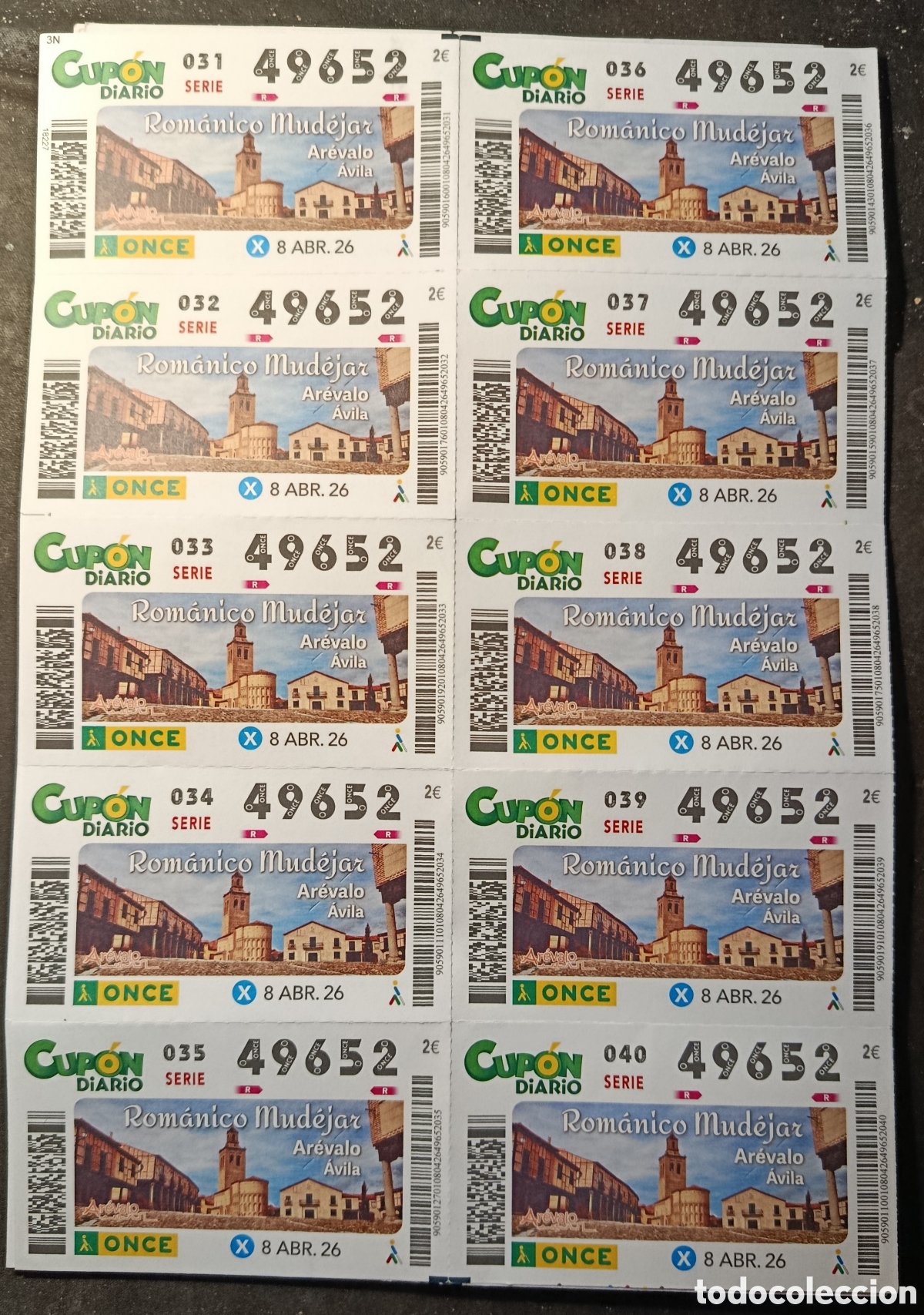 Cupones ONCE: N&deg; 49652 (8/ABRIL/2026)-&Aacute;VILA (HOJA COMPLETA)
