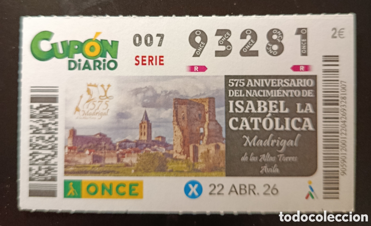 Cupones ONCE: N&deg; 93281 (22/ABRIL/2026)-&Aacute;VILA