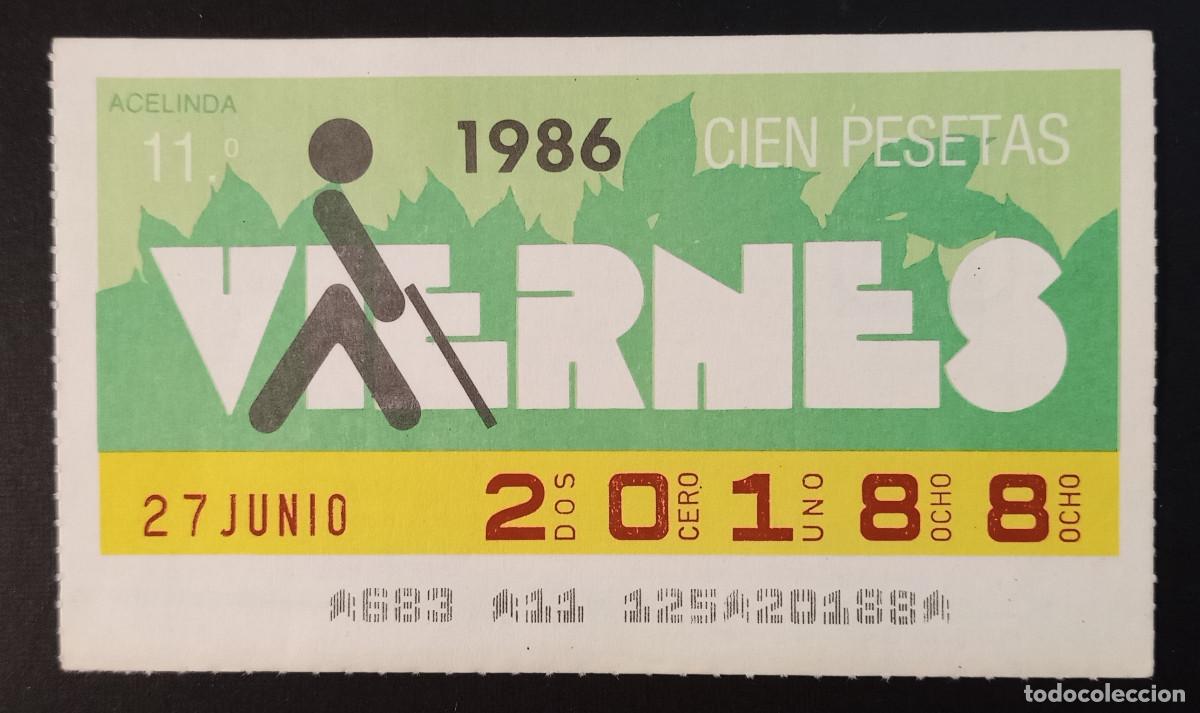 Cupones ONCE: CUP&Oacute;N ONCE - 27-JUNIO-1986 - ACELINDA - Foto 1