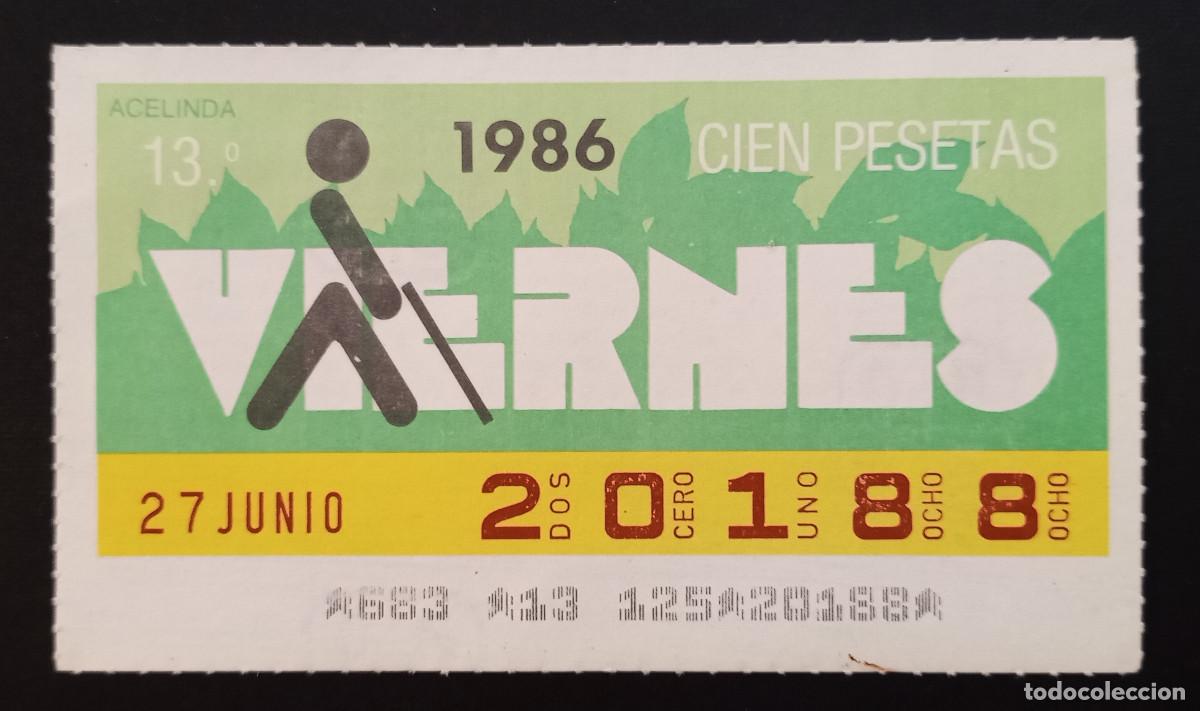 Cupones ONCE: CUP&Oacute;N ONCE - 27-JUNIO-1986 - ACELINDA - Foto 1
