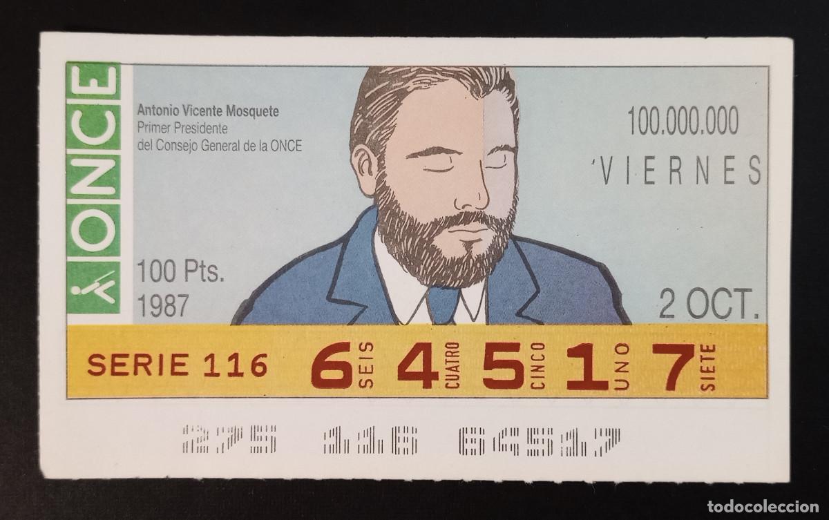 Cupones ONCE: CUP&Oacute;N ONCE - 2-OCTUBRE-1987 - ANTONIO VICENTE MOSQUETE